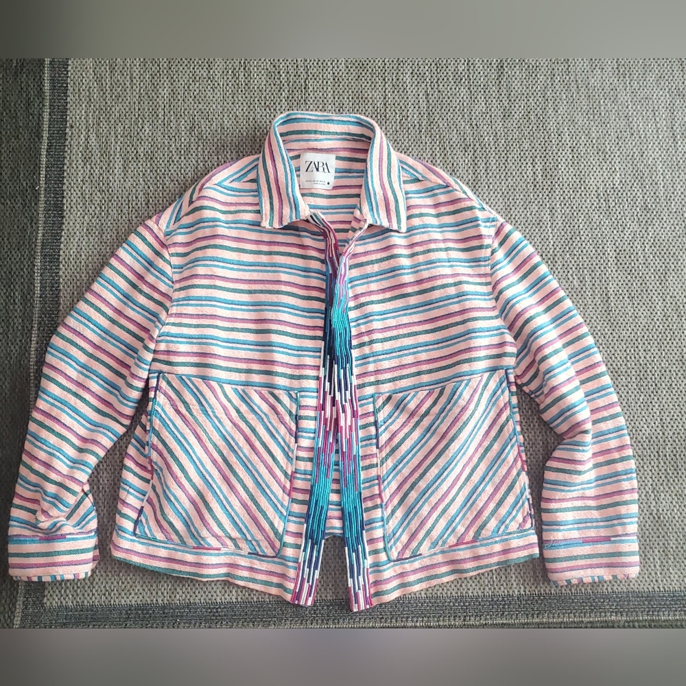 Zara Pastel Striped Jacket with Multicolor Fringe - Picture 5 of 5